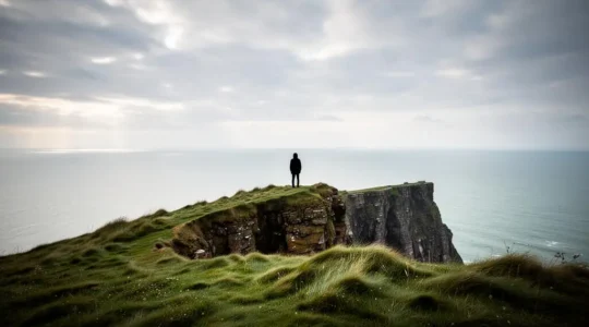 A lone figure standing at the edge of a vast UK clifftop, gazing at an uninterrupted 360-degree horizon where sea meets sky.