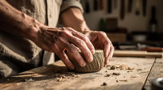 Close-up of a craftsperson's weathered hands shaping raw material on a rustic workbench, with warm natural light and open negative space