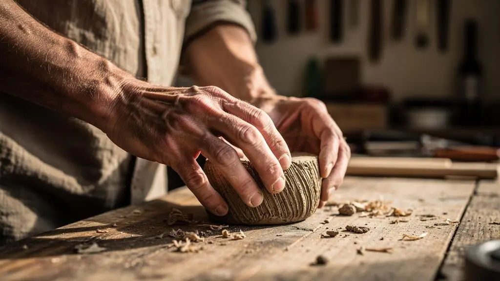 Close-up of a craftsperson's weathered hands shaping raw material on a rustic workbench, with warm natural light and open negative space