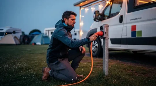 A camper carefully connecting a heavy-duty cable to a campsite electric hookup post at dusk, symbolizing safe and controlled power management while traveling.