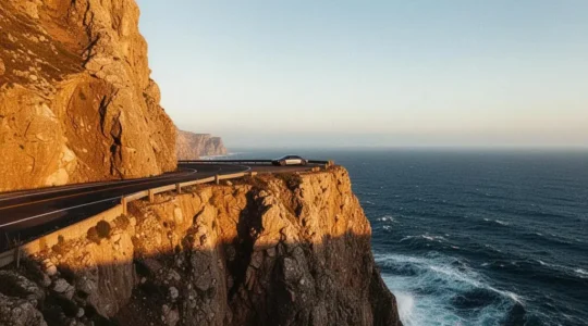 A car navigating a dramatic clifftop coastal road overlooking the ocean at golden hour