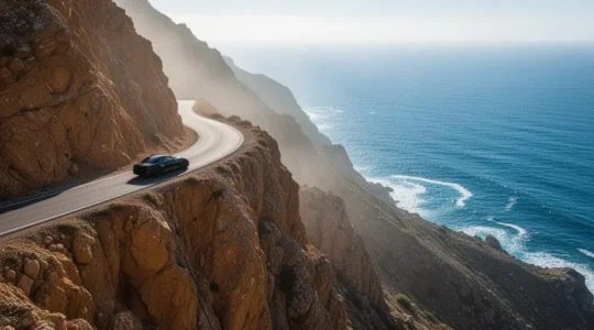A car driving confidently along a narrow, winding clifftop road above the ocean at golden hour