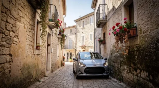 A car carefully driving through a narrow cobblestone village street lined with old stone houses