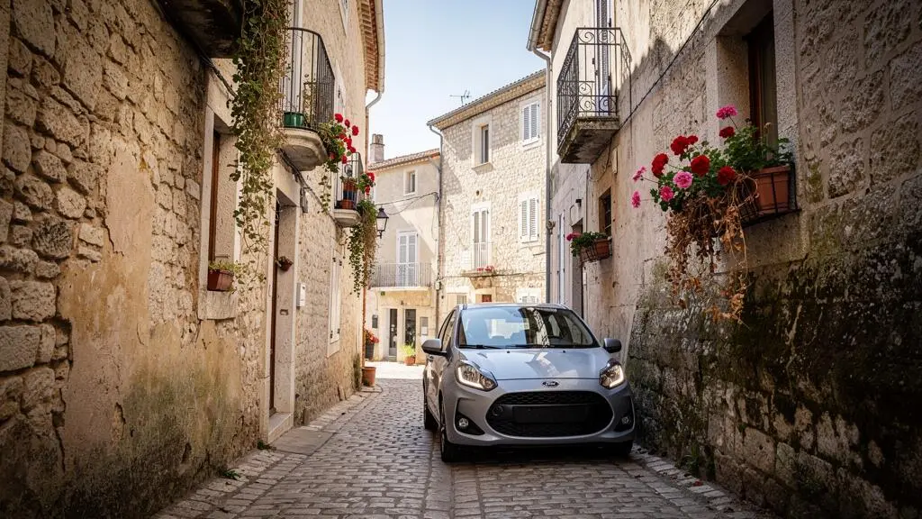 A car carefully driving through a narrow cobblestone village street lined with old stone houses