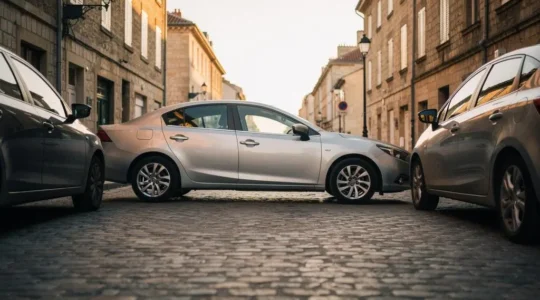 A compact car precisely parked in an extremely narrow parallel parking space on a charming urban street
