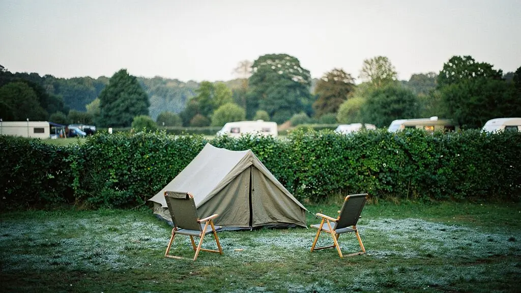 A tranquil, well-appointed campsite pitch bordered by a thick green hedge, with a tent and camping chairs arranged in warm early morning light, symbolizing comfort and privacy in campsite selection.
