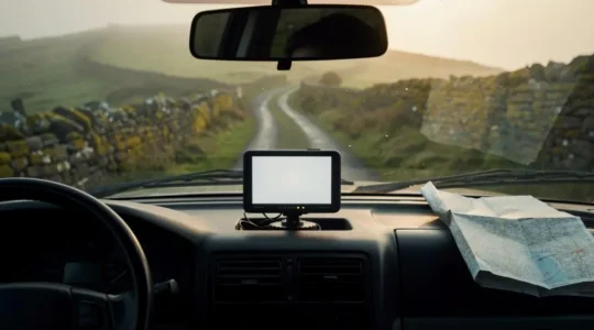 A dashboard-mounted GPS device glowing softly on a misty single-track rural road at dusk, with a folded paper map resting on the passenger seat