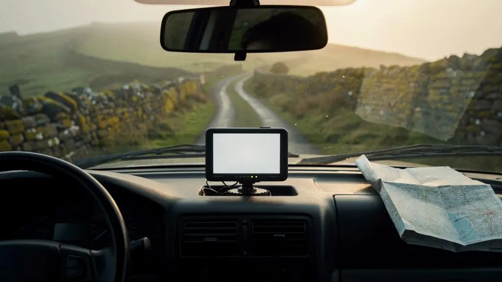 A dashboard-mounted GPS device glowing softly on a misty single-track rural road at dusk, with a folded paper map resting on the passenger seat