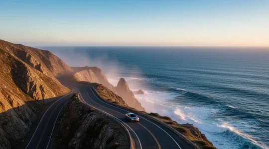 A lone car driving along a dramatic cliffside coastal road at golden hour, with the vast ocean and horizon stretching beyond, symbolizing mental clarity gained from ocean air during road trips.