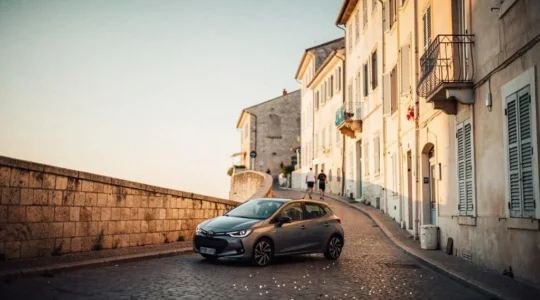 A compact car threading through a sunlit historic town square lined with narrow stone buildings