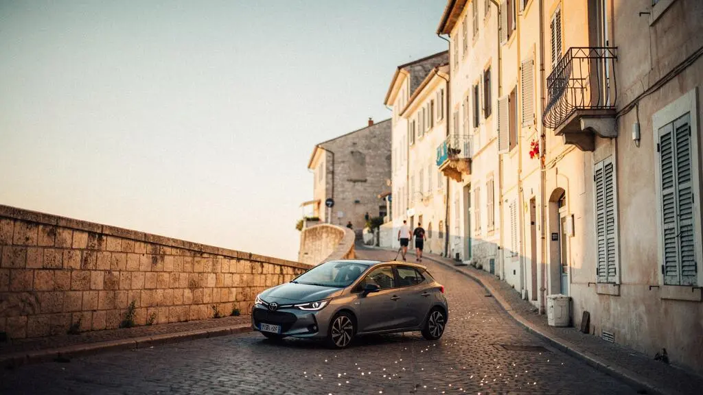 A compact car threading through a sunlit historic town square lined with narrow stone buildings