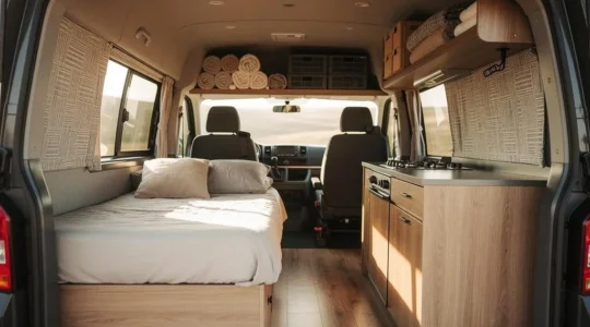 Wide interior view of a compact camper van showing an integrated bed, kitchen and storage layout