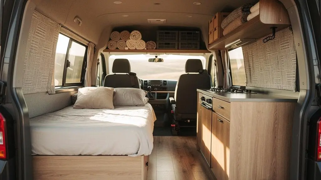 Wide interior view of a compact camper van showing an integrated bed, kitchen and storage layout