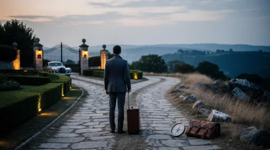 A traveler standing at a symbolic crossroads between a curated luxury journey and a self-planned trip, representing the decision to use a specialist travel agency.