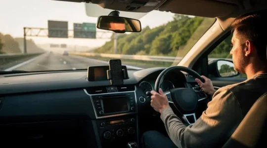 Driver in a car at dawn checking a live traffic map before starting a journey on a UK orbital motorway