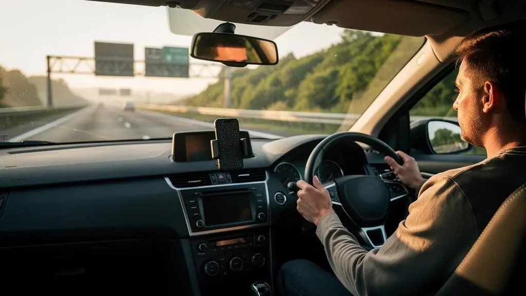 Driver in a car at dawn checking a live traffic map before starting a journey on a UK orbital motorway