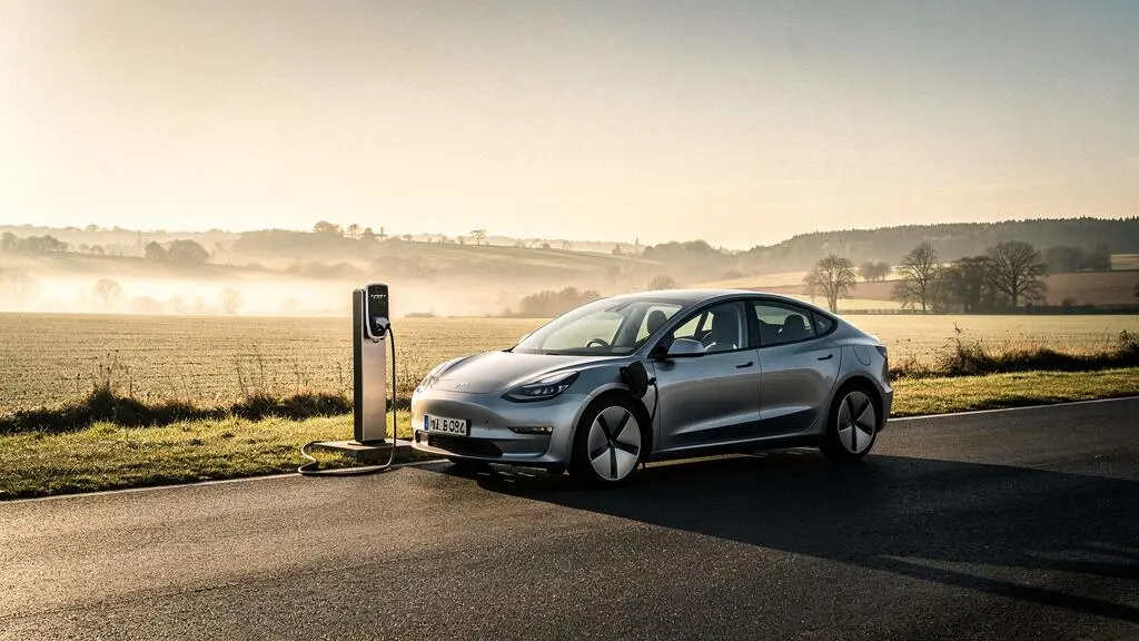 Electric car parked at a rural charging station at golden hour during a long-distance road trip