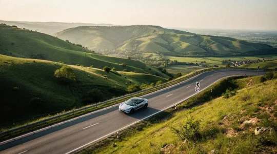 Electric vehicle descending a winding hilly road at golden hour, illustrating regenerative braking range extension