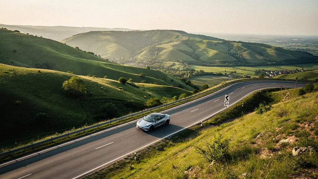 Electric vehicle descending a winding hilly road at golden hour, illustrating regenerative braking range extension