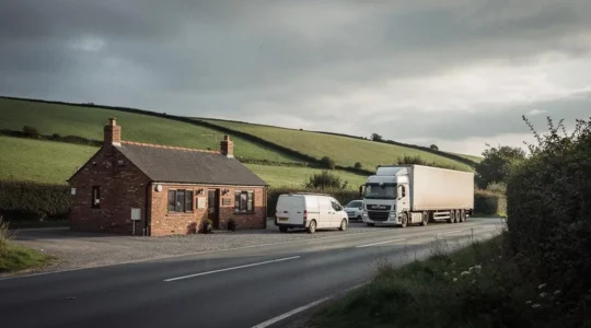 A weathered roadside diner along a rural UK A-road with several vehicles parked outside under an overcast sky