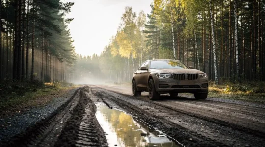 A rugged estate car navigating a rutted forestry track surrounded by tall pine trees, showcasing ground clearance in action