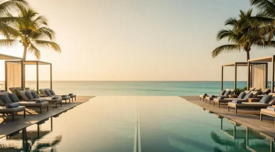 Wide editorial photo of a tropical infinity pool subtly divided by an unobtrusive barrier, symbolizing hidden exclusions in all-inclusive travel packages