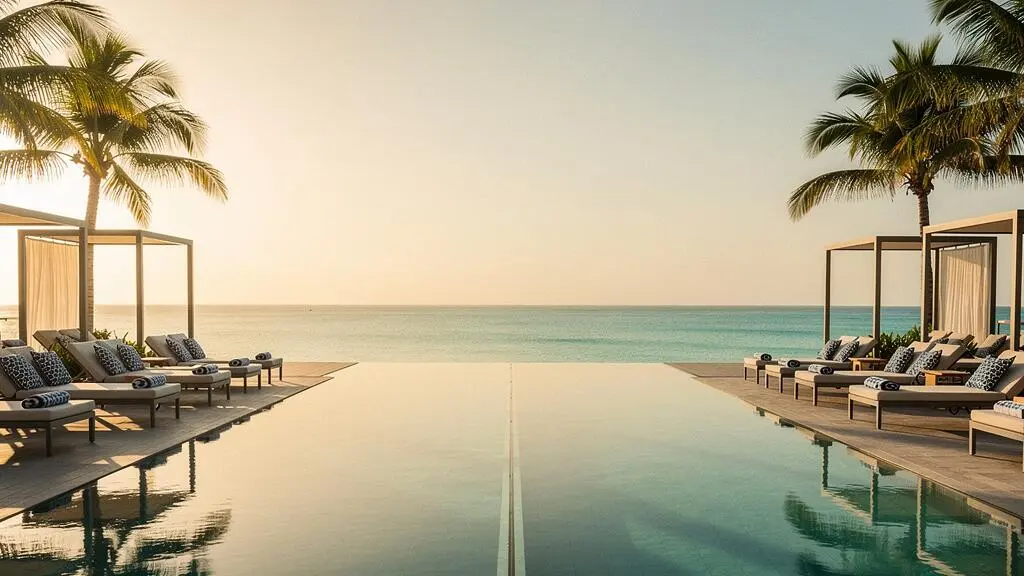 Wide editorial photo of a tropical infinity pool subtly divided by an unobtrusive barrier, symbolizing hidden exclusions in all-inclusive travel packages