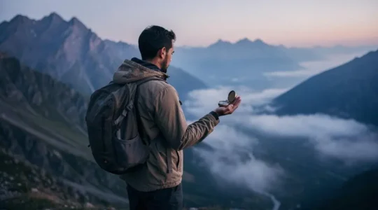 A traveler pausing on a remote mountain trail, checking a compass while the surrounding valley shows no signs of cellular infrastructure