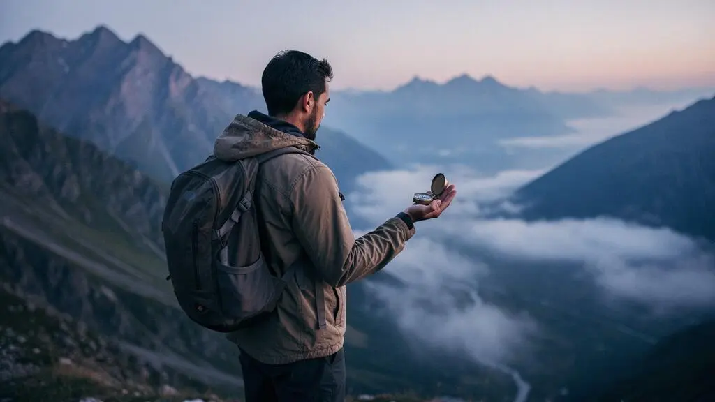 A traveler pausing on a remote mountain trail, checking a compass while the surrounding valley shows no signs of cellular infrastructure
