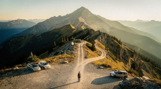 Wide view of a hiker standing at a mountain trailhead crossroads with multiple path options and a parking area below, symbolizing route choice.