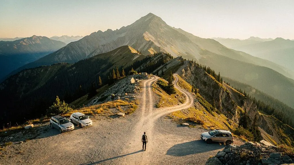 Wide view of a hiker standing at a mountain trailhead crossroads with multiple path options and a parking area below, symbolizing route choice.