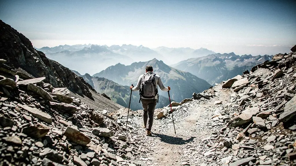 Hiker using a pair of trekking poles while descending a steep rocky mountain trail at golden hour