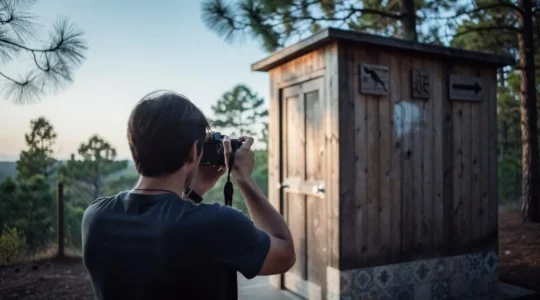 A camper examining a rustic outdoor shower block through a camera viewfinder, evaluating cleanliness before booking