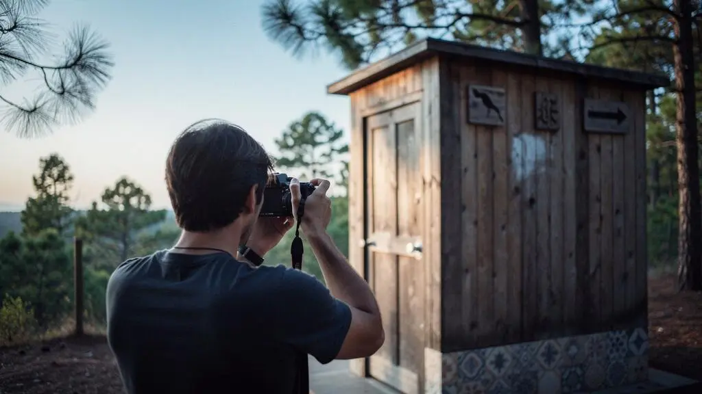 A camper examining a rustic outdoor shower block through a camera viewfinder, evaluating cleanliness before booking