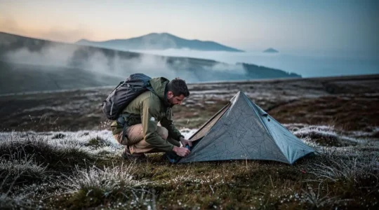 A lone wild camper packing up a small tent at dawn on undisturbed highland moorland, leaving no visible trace on the ground.