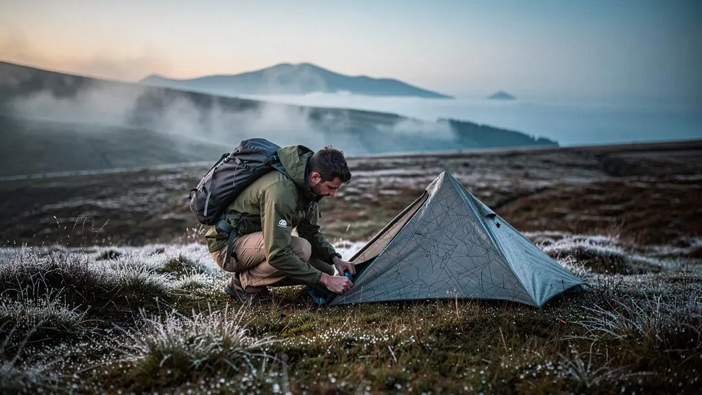 A lone wild camper packing up a small tent at dawn on undisturbed highland moorland, leaving no visible trace on the ground.