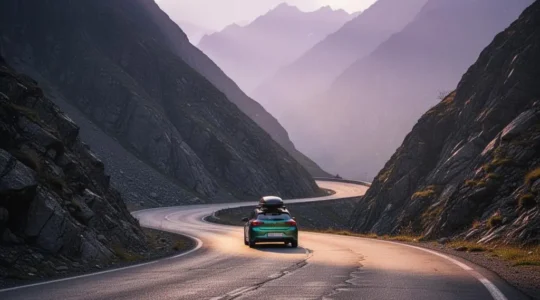 A fully loaded car with a roof box climbing a winding mountain road, illustrating the challenge of assessing engine capability for steep gradients and heavy loads.