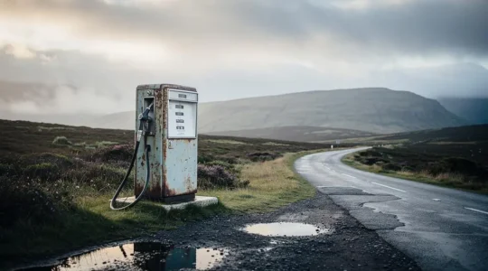 A solitary vintage fuel pump standing at a remote crossroads in the misty Scottish Highlands with mountains in the background