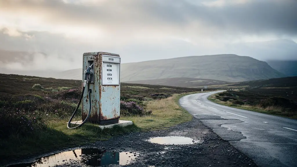 A solitary vintage fuel pump standing at a remote crossroads in the misty Scottish Highlands with mountains in the background