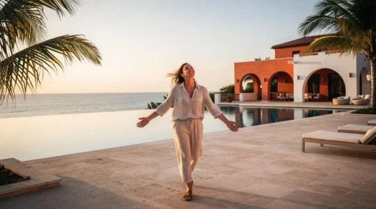 A traveler stepping onto a sunlit luxury villa terrace overlooking the sea at golden hour, embodying a booking that matches its photos