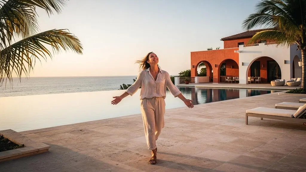 A traveler stepping onto a sunlit luxury villa terrace overlooking the sea at golden hour, embodying a booking that matches its photos