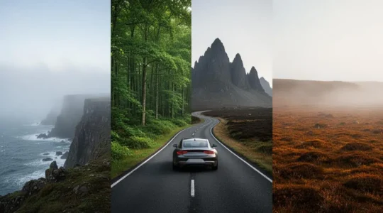 Wide panoramic view of a single road transitioning from coastline to forest to mountains to open moorland under changing light
