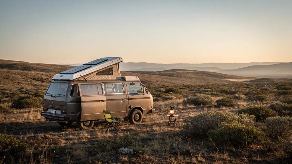 A self-sufficient camper van parked alone in a vast, remote wilderness landscape at dusk, fully equipped for an extended off-grid stay.