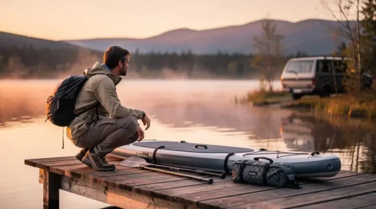 A traveler unrolling an inflatable paddleboard beside a calm lake at dawn, van and paddling gear nearby