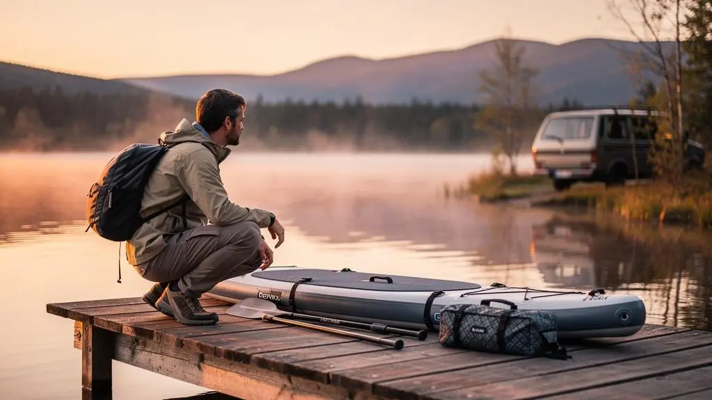 A traveler unrolling an inflatable paddleboard beside a calm lake at dawn, van and paddling gear nearby