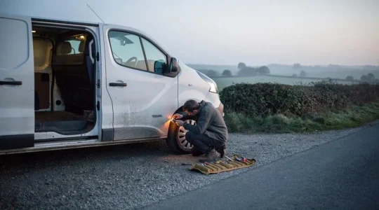 A weathered white panel van parked at dawn on a rural roadside, being inspected before a camper conversion project.