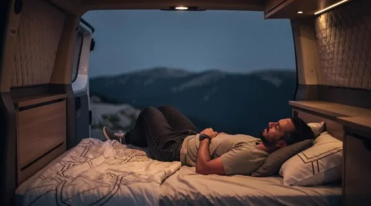 A traveler sleeping peacefully inside a quiet, softly lit camper van parked in a remote nighttime landscape, illustrating restful sleep achieved through effective soundproofing.