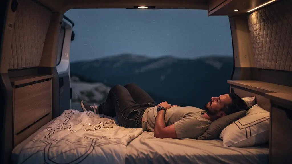 A traveler sleeping peacefully inside a quiet, softly lit camper van parked in a remote nighttime landscape, illustrating restful sleep achieved through effective soundproofing.