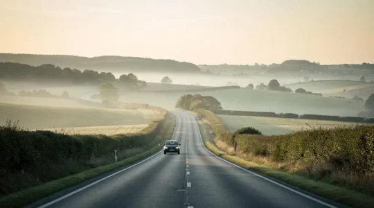 A single car travels an empty winding road through a vast, misty landscape at dawn, symbolizing a slow, reflective road trip.