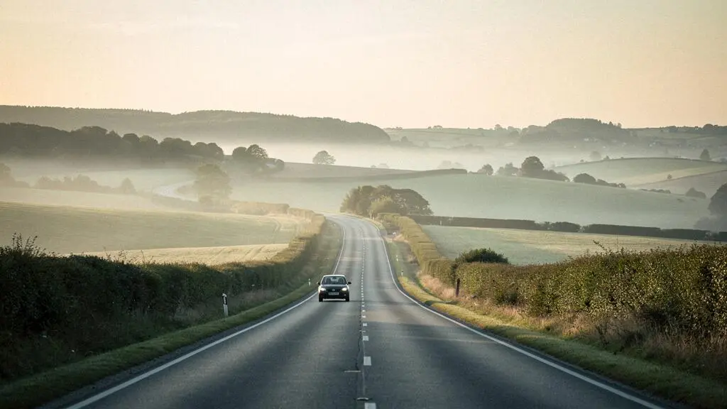 A single car travels an empty winding road through a vast, misty landscape at dawn, symbolizing a slow, reflective road trip.